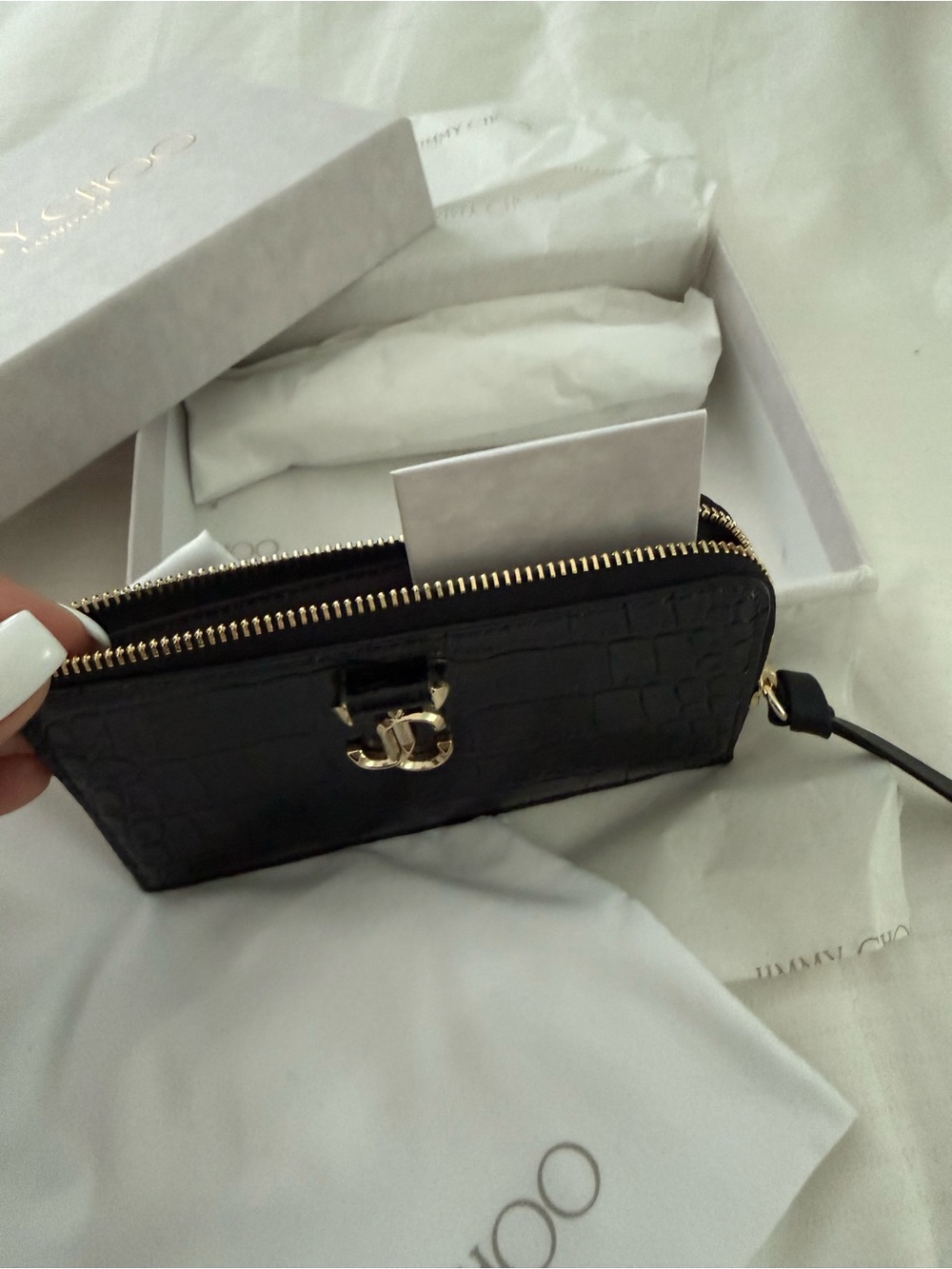 Jimmy Choo Black Croc-Embossed Leather Zip Card Case with Gold JC Logo - Picture 6 of 13